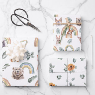 Waldgrün Waldtiere & Regenbögen Geschenkpapier Set