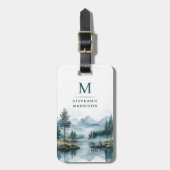 Waldgrün Wasserfarbe Berge See Monogramm Gepäckanhänger (Vorderseite vertikal)