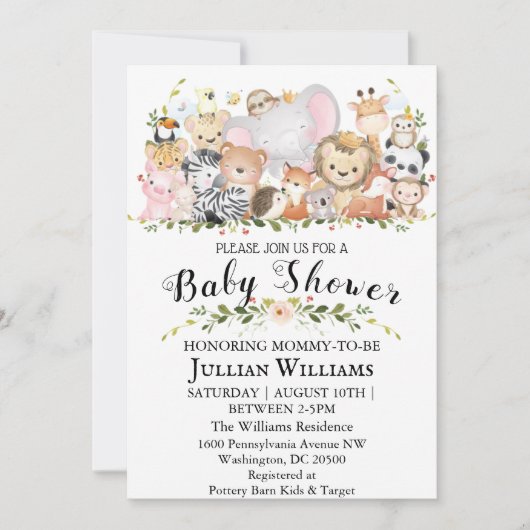 Waldgrün Wildtiere Babydusche Einladung (Vorderseite)