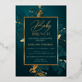 Waldgrüne Blätter und echtes Goldfolie-Baby-Brunch Folieneinladung