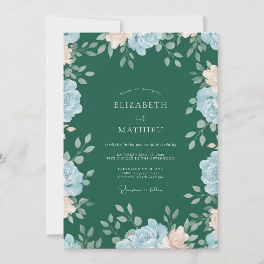 Waldgrüne blaue Blumenhochzeit Einladung (Vorderseite)