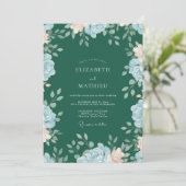 Waldgrüne blaue Blumenhochzeit Einladung (Stehend Vorderseite)