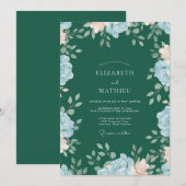 Waldgrüne blaue Blumenhochzeit Einladung (Vorne/Hinten)