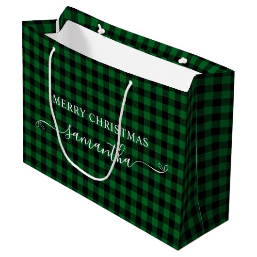 Waldgrüne Buffalo-Karo-Weihnachtsbögen Große Geschenktüte (Vorderseite Schrägansicht)