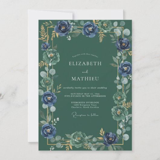Waldgrüne edle botanische Hochzeit Einladung (Vorderseite)