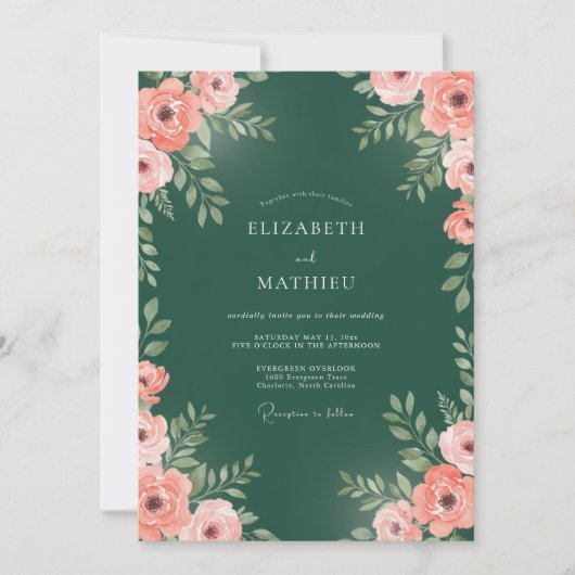 Waldgrüne exquisite Rosenhochzeit Einladung (Vorderseite)