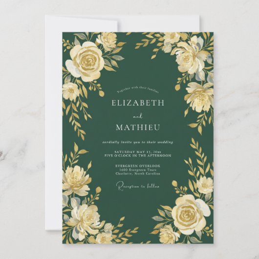 Waldgrüne florale Hochzeit Einladung (Vorderseite)
