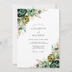 Waldgrüne florale Pinselstrich-Hochzeit Einladung