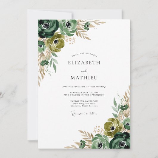 Waldgrüne florale Pinselstrich-Hochzeit Einladung (Vorderseite)