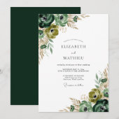 Waldgrüne florale Pinselstrich-Hochzeit Einladung (Vorne/Hinten)