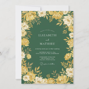 Waldgrüne Goldene Blüten Romantische Hochzeit Einladung