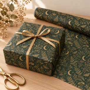 Waldgrüne goldene Mondmotten-Botanik-Verpackung Geschenkpapier