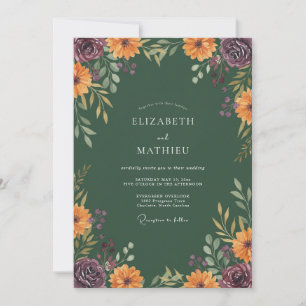 Waldgrüne herbstliche Floral-Hochzeit Einladung