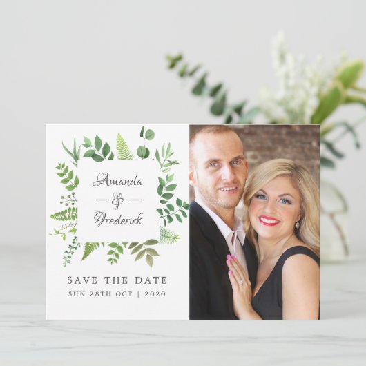 Waldgrüne Hochzeit Save The Date (Stehend Vorderseite)