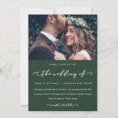 Waldgrüne Hochzeitskalligrafie und Foto Einladung (Vorderseite)