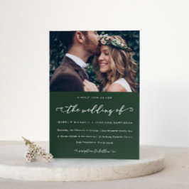 Waldgrüne Hochzeitskalligrafie und Foto Einladung