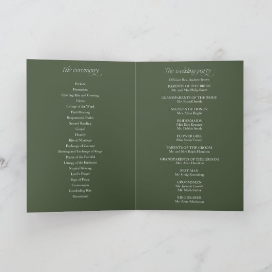 Waldgrüne Kalligrafie-Hochzeitsprogramm gefaltet Programm (Innenseite)