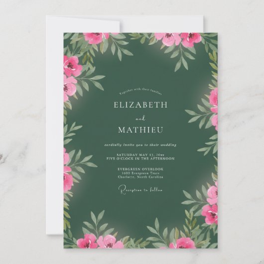 Waldgrüne lebendige florale Hochzeit Einladung (Vorderseite)