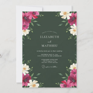 Waldgrüne Magenta Blumenhochzeit Einladung