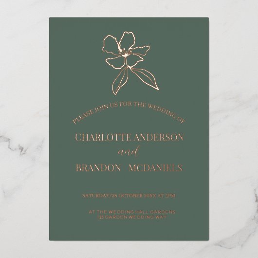Waldgrüne Minimalblütenhochzeit Einladung (Vorderseite)