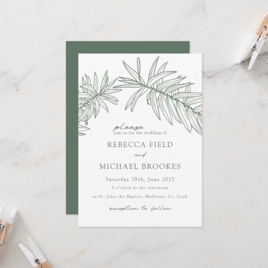 Waldgrüne Minimalistische botanische Hochzeit Einladung (Vorderseite/Rückseite Beispiel)