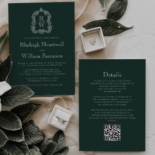 Waldgrüne Monogramm-Wappen-QR-Code-Hochzeit Einladung
