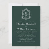 Waldgrüne Monogramm-Wappen-QR-Code-Hochzeit Einladung (Vorderseite)