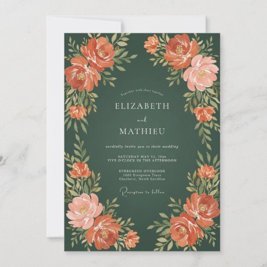 Waldgrüne Pfirsich-Blumenhochzeit Einladung (Vorderseite)
