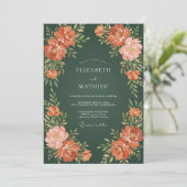 Waldgrüne Pfirsich-Blumenhochzeit Einladung (Stehend Vorderseite)