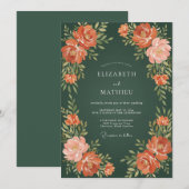 Waldgrüne Pfirsich-Blumenhochzeit Einladung (Vorne/Hinten)
