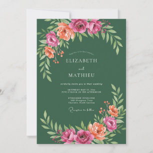 Waldgrüne rosa Pfirsich-Botanical-Hochzeit Einladung