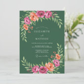 Waldgrüne rosa Pfirsich-Botanical-Hochzeit Einladung (Stehend Vorderseite)
