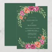 Waldgrüne rosa Pfirsich-Botanical-Hochzeit Einladung (Vorne/Hinten)