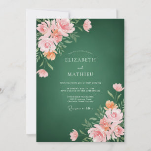 Waldgrüne rosa Wasserfarben-Blumenhochzeit Einladung