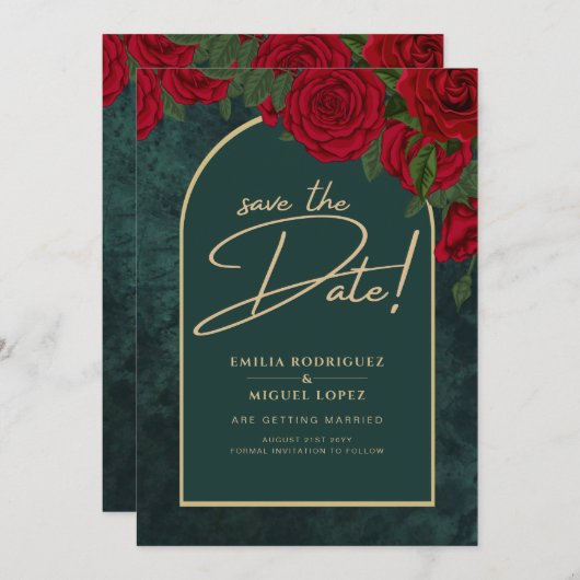 Waldgrüne Rote Rosen Winter SAVE THE DATE Einladung (Vorne/Hinten)