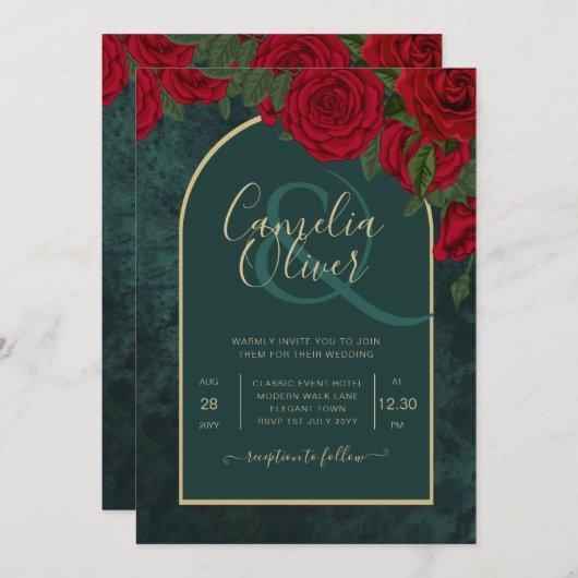 Waldgrüne Rote Rosen Winterhochzeit Einladung (Vorne/Hinten)