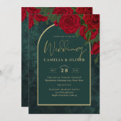 Waldgrüne Rote Rosen Winterhochzeit Einladung (Vorne/Hinten)