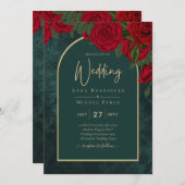 Waldgrüne Rote Rosen Winterhochzeit Einladung (Vorne/Hinten)