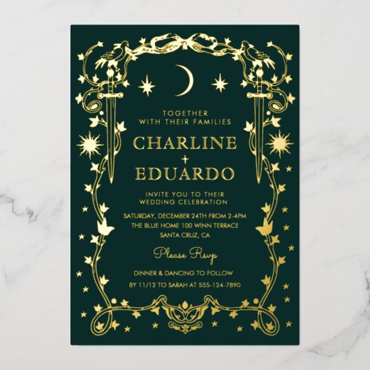 Waldgrüne Verzierte Himmelshochzeit Folieneinladung (Vorderseite)