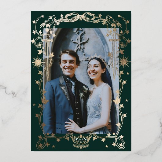 Waldgrüne Verzierte Himmelshochzeit Folieneinladung (Rückseite)