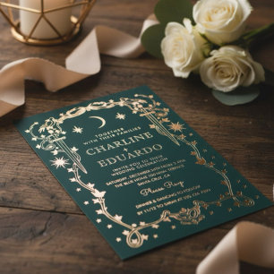 Waldgrüne verzierte himmlische Hochzeit  Folieneinladung