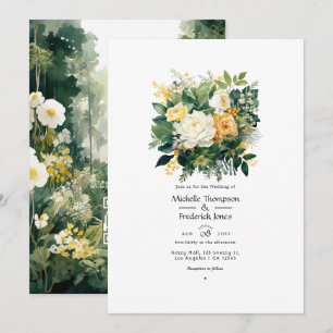 Waldgrüne, weiße und goldene florale Hochzeit Einladung