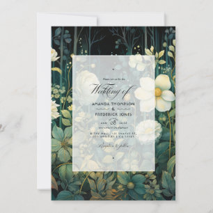 Waldgrüne, weiße und goldene florale Hochzeit Einladung
