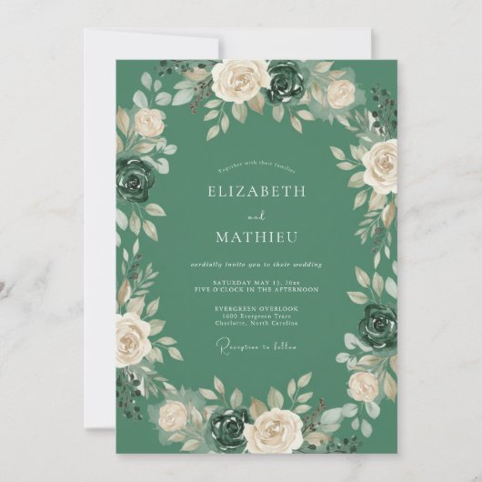Waldgrüne zeitlose Rosenhochzeit Einladung (Vorderseite)