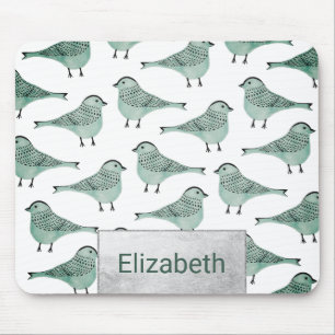 Waldgrüner Aquarellvogel, schwarze Pinselstriche Mousepad