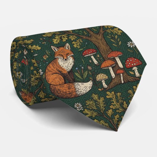 Waldgrüner Fuchs und Pilze  Krawatte (Gerollt)