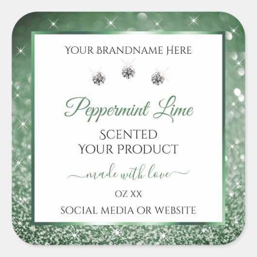 Waldgrüner Glitzer Weißmarken Diamanten Quadratischer Aufkleber (Vorderseite)