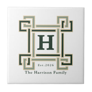 Waldgrüner griechischer Schlüssel-Monogramm-Famili Fliese