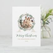 Waldgrüner Kranz Gold Monogramm Foto Weihnachten (Stehend Vorderseite)