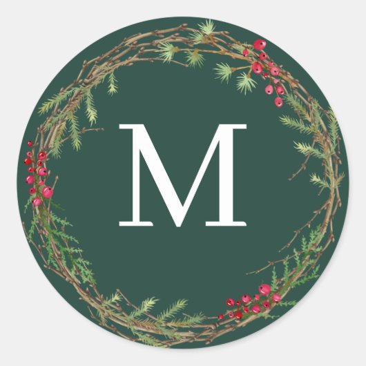 Waldgrüner Weihnachtskranz Monogrammsiegel Runder Aufkleber (Vorderseite)